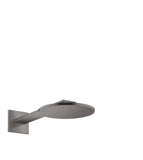 Kopfbrause mit runder, flacher Düsenfläche und Brausearm in gebürstetem Schwarzchrom, montiert an der Wand, von der Marke AXOR.